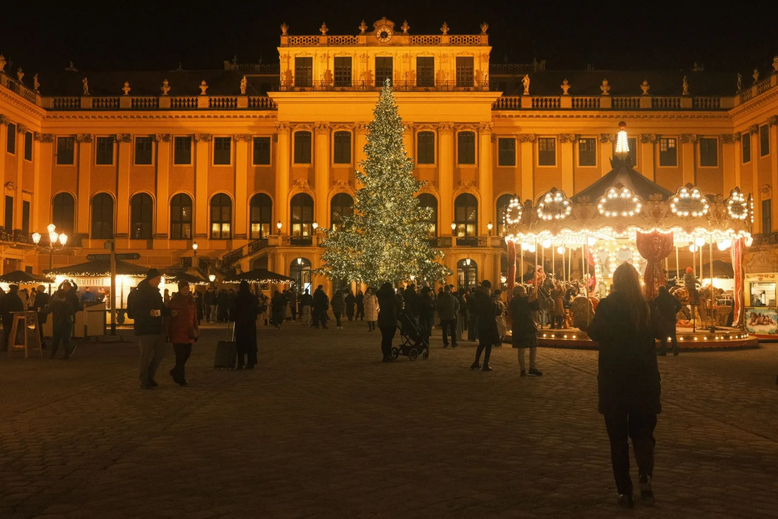Le marché de Noël de Schönbrunn à Vienne, son grand sapin et son manège illuminés devant le château